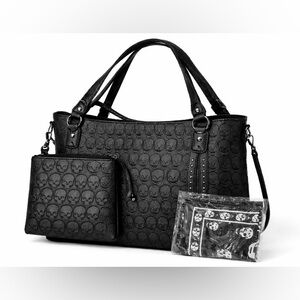 Black Skull Tote Bag Large Handle Strap Pouch & Scarf